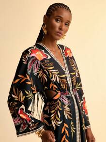 CAJUNI Women Boho Tropical Leopard & Plant Print Hollow-Out Back Waist Long Sleeve Dress For Vacation - Black - View 4