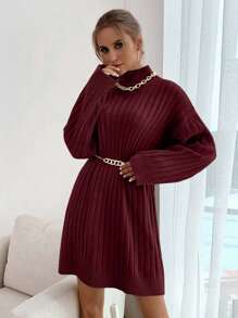 EURMUSE Solid Color Turtleneck Ribbed Knit Elegant And Fashionable Long Sleeve Sweater Dress - Burgundy - View 4