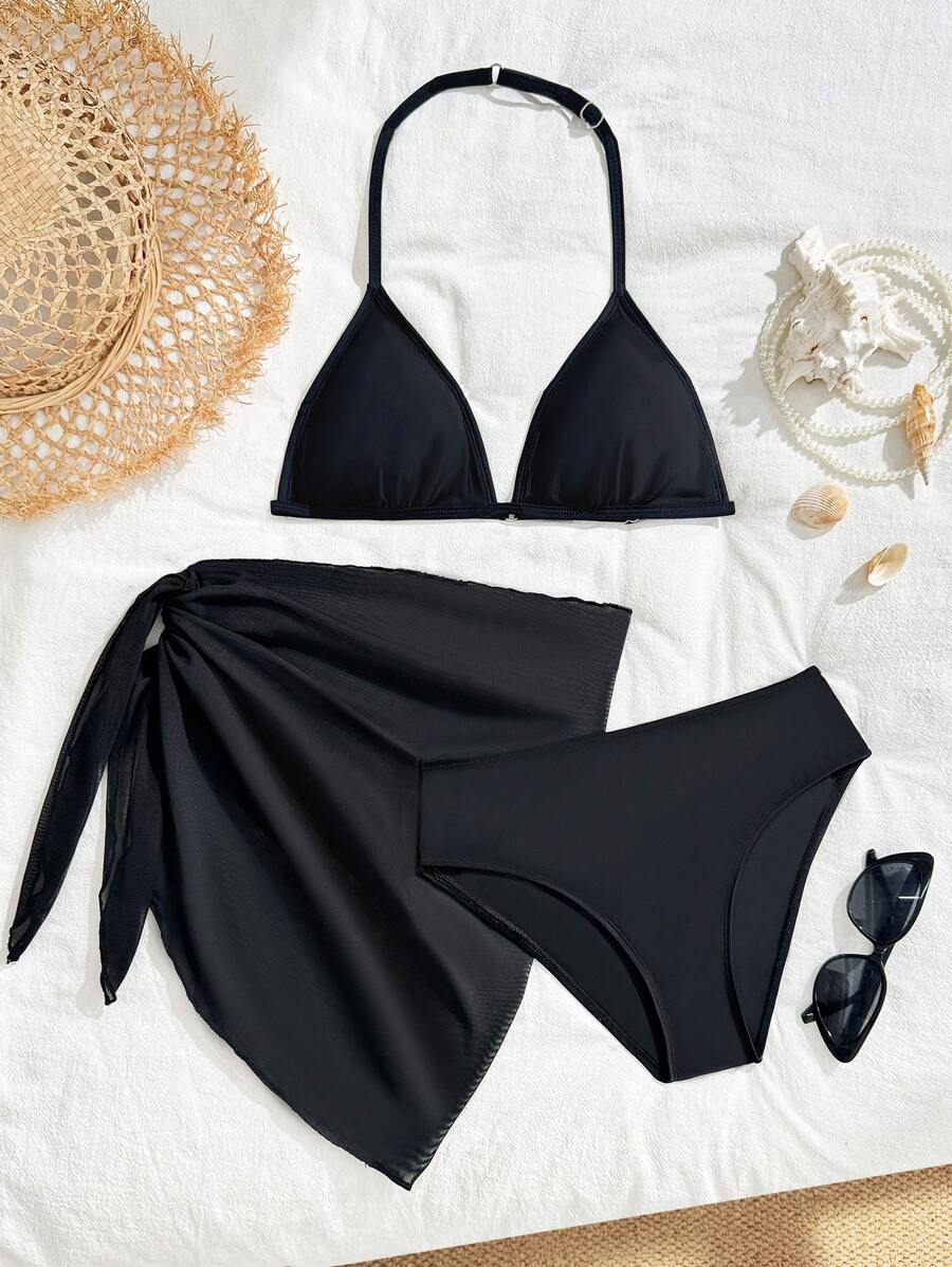 SHEIN 3 件套少女女孩黑色系列泳衣套装，适合海滩、度假、派对、春夏季
