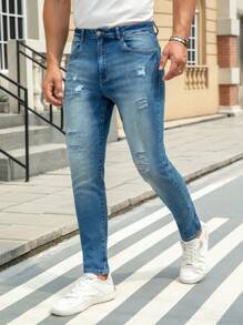 Manfinity Homme Men's Casual Street Snap Button Distressed Skinny Jeans Ripped Jeans For Men Skinny Jeans For Men - Medium Wash - View 1