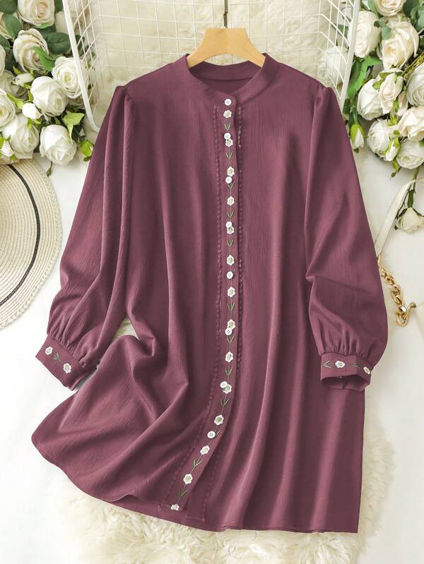 Lacomfia Elegant Casual Commute Lace Decor Embroidered Romantic Women Plus Size Shirt