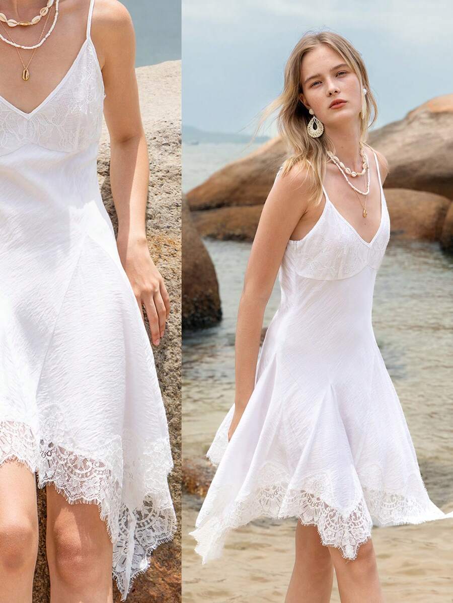 Lumivelle 女式性感蕾丝拼布不对称下摆细肩带夏季连衣裙