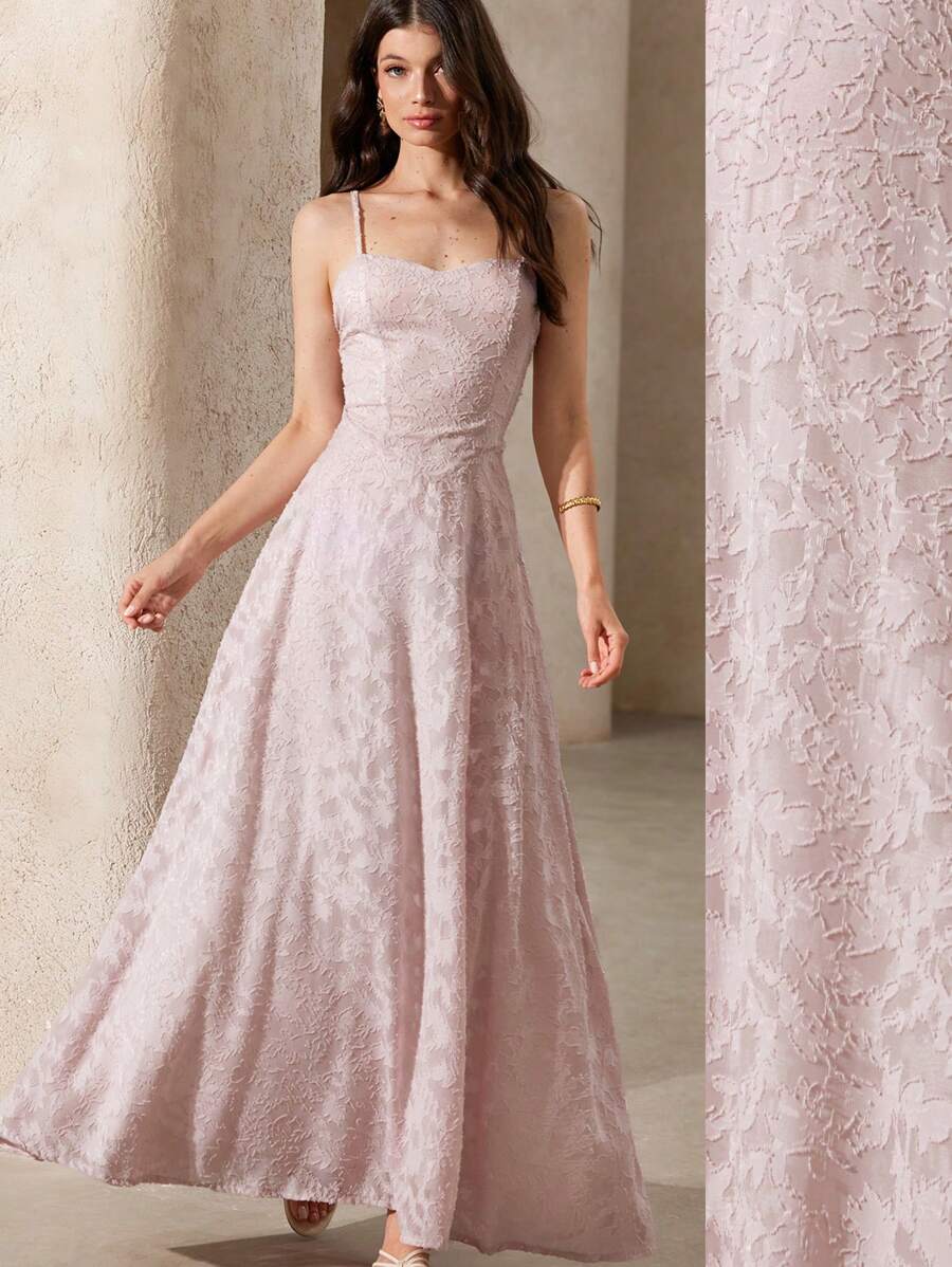 Revavyn Women's Romantic Elegant Simple Jacquard Solid Color Sleeveless Maxi Dress - Pink - View 1
