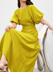 Aveloria Modichic Đầm chữ A thắt nút tre thanh lịch cho nữ cổ tròn tay ngắn in hoa - Màu vàng - Xem 1