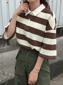 FRIFUL 女士宽松条纹 T 恤，Polo 领，短袖，休闲夏装，返校服装 - 棕色 - 查看 6