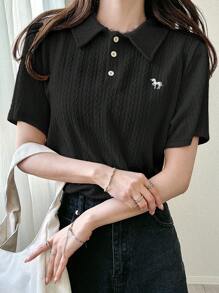 FRIFUL 女士杏色基础款 Polo 领刺绣 T 恤，翻领短袖夏季服装 - 黑色 - 查看 4