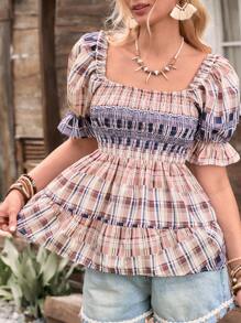 LanaWest 女款泡泡袖上衣，腰部收褶，下摆荷叶边 - 彩色 - 查看 1