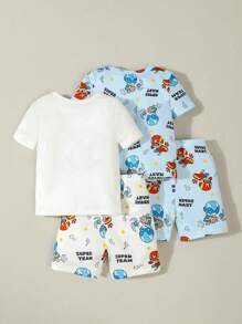 Set da 4 pezzi di pigiama per bambini piccoli, composto da maglietta a maniche corte e pantaloncini con stampa di supereroi e cartoni animati, morbido e confortevole