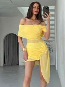 Aloruh New Asymmetrical Hem Halter Neck Yellow Gauze Vacation Mini Dress - Yellow - View 1