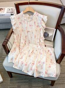 SHEIN LUNE 大码女式碎花盖袖上衣和短裤休闲两件套