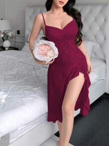 SHEIN Lace Patchwork Ruffle Hem Side Slit Ladies Nightgown - Burgundy - View 3