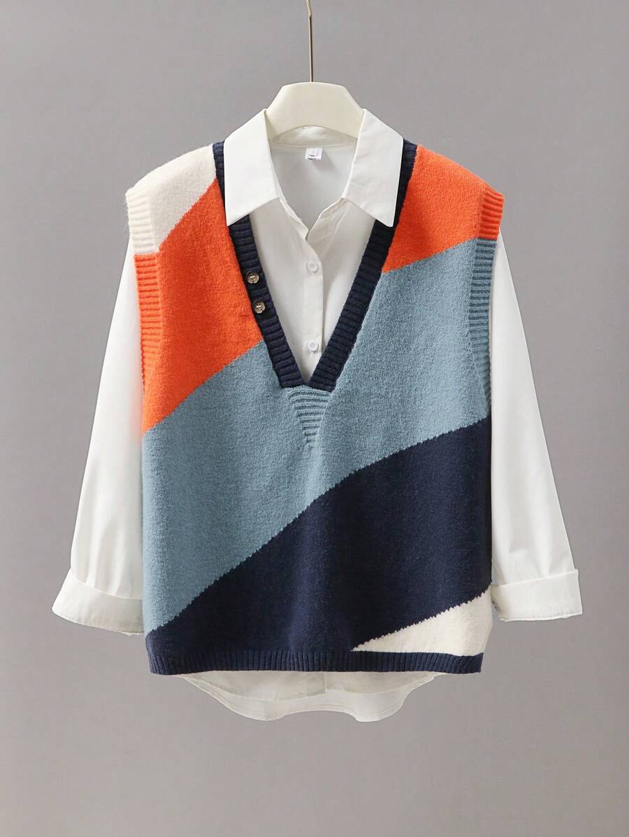 Franclia 撞色不对称休闲宽松女士毛衣套头背心春秋季 - 寶藍色 - 查看 1