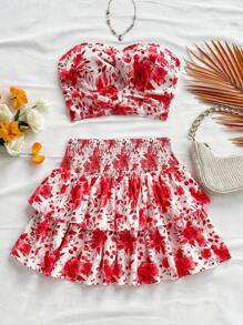 Soleia Bộ 2 áo Bandeau và chân váy xếp tầng thời trang đi nghỉ, màu xanh và trắng - Đỏ và trắng - Xem 3