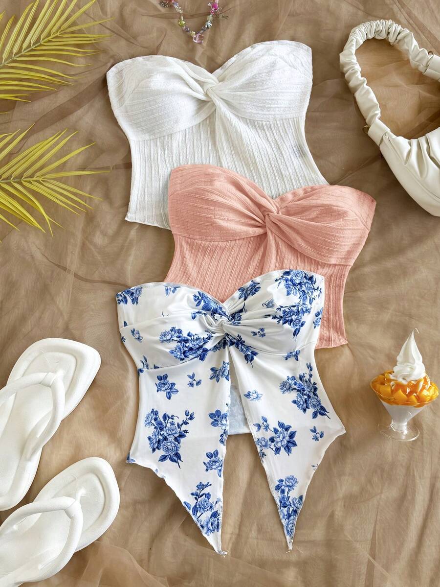 Soleia 女士假期：1 套蓝色花卉印花和纯色抹胸上衣 - 彩色 - 查看 1