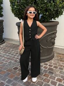 Firerie Kids Firerie Kids Bộ đồ thể thao thường ngày cho bé gái tuổi teen: Áo không tay và quần dài ống đứng màu trơn, chất liệu vải dệt. - màu đen - Xem 2