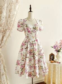 xheVintamour Vestido holgado y elegante de mujer vintage, de primavera/verano, con estampado floral, cuello cuadrado, mangas cortas, color rosa, con dobladillo en forma de paraguas, ropa de verano vintage, atuendo de festival, vestido largo maxi para mujer, vestido de graduación, vestido para boda y recepción de boda, vestidos de verano para mujer en color rosaxhe - Albaricoque - Ver 4