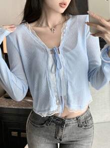 DAZY 女式蕾丝拼布抽绳系带袖口长袖上衣，秋季女装 - 藍色 - 查看 3