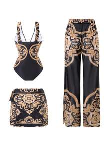 Swim Oasis 2025 New 3Pcs/Set Women Printed One-Piece Swimsuit With Skirt & Mesh Pants, Beach Resort Casual One Piece Swimsuit Outfit, Summer - Multicolor - View 2