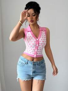 Elenzga Women Heart Pattern Front Button Camisole Thin Cardigan - Pink - View 4