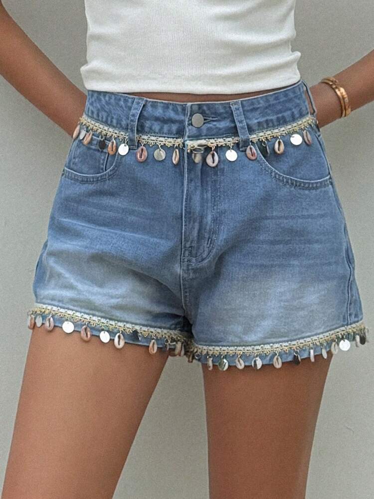 Shell Decor Tassel High Waist Denim Shorts, A-Line Slim Fit Versatile Hot Pants, New Fashion Vacation Style Jorts