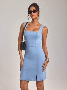 SHEIN Tall Váy denim cổ vuông kéo khóa sau cho nữ, không tay, xẻ gấu - Màu xanh lam - Xem 6