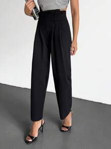 SHEIN Cottnline Wide-Leg Trousers, High Waisted Design, Pleated Front, Style, Formal Wear, Belt Loop Detail, Flowing Fabric, Elegant Cut, Office Appropriate, Polyester Blend Material, Loose Fit, Professional Look, Perfect For Business Or Evening Wear Women's Bottoms Women Summer Clothing Women's Summer Clothes Women's Dress Pants - White - View 4