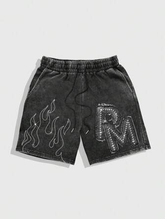 Street Life Herren Shorts mit Kordelzug Taille, Taschen und Flammen Muster mit Strass
