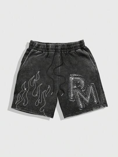 Men's Street Life Rhinestone Flame Pattern Drawstring Waist Pocket Shorts