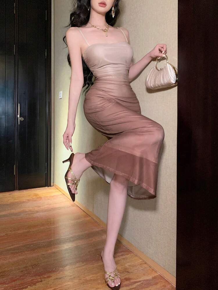 Women Ombre Ruched Fitted Elegant Maxi Slip Dress Prom Dress