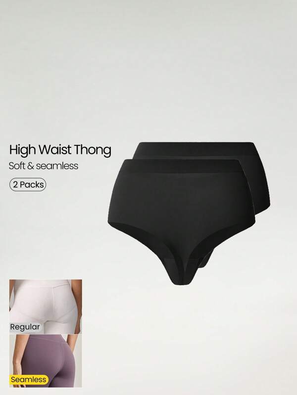 GLOWMODE 2 Pack Lightweight Breathable Sweat-Wicking High-Rise Waist Seamless No-Show Thong Underwear Daily Casual Workout