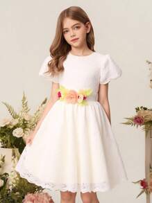 Girls Elegant Hollow Out 3D Floral Short Sleeve Dress, Princess Style Suitable For Flower Girl, Wedding, Holiday Party, All Season - White - View 5