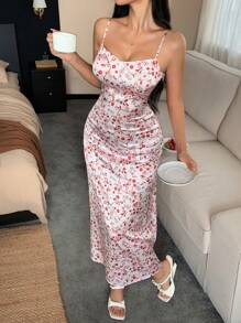 DAZY Váy ngủ nữ Pyjama in họa tiết hoa satin toàn thân có dây đeo có thể điều chỉnh - Hồng - Xem 4