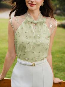 Vintamour 复古优雅刺绣网纱蝴蝶结休闲工作上衣夏季上衣 - 薄荷綠 - 查看 3