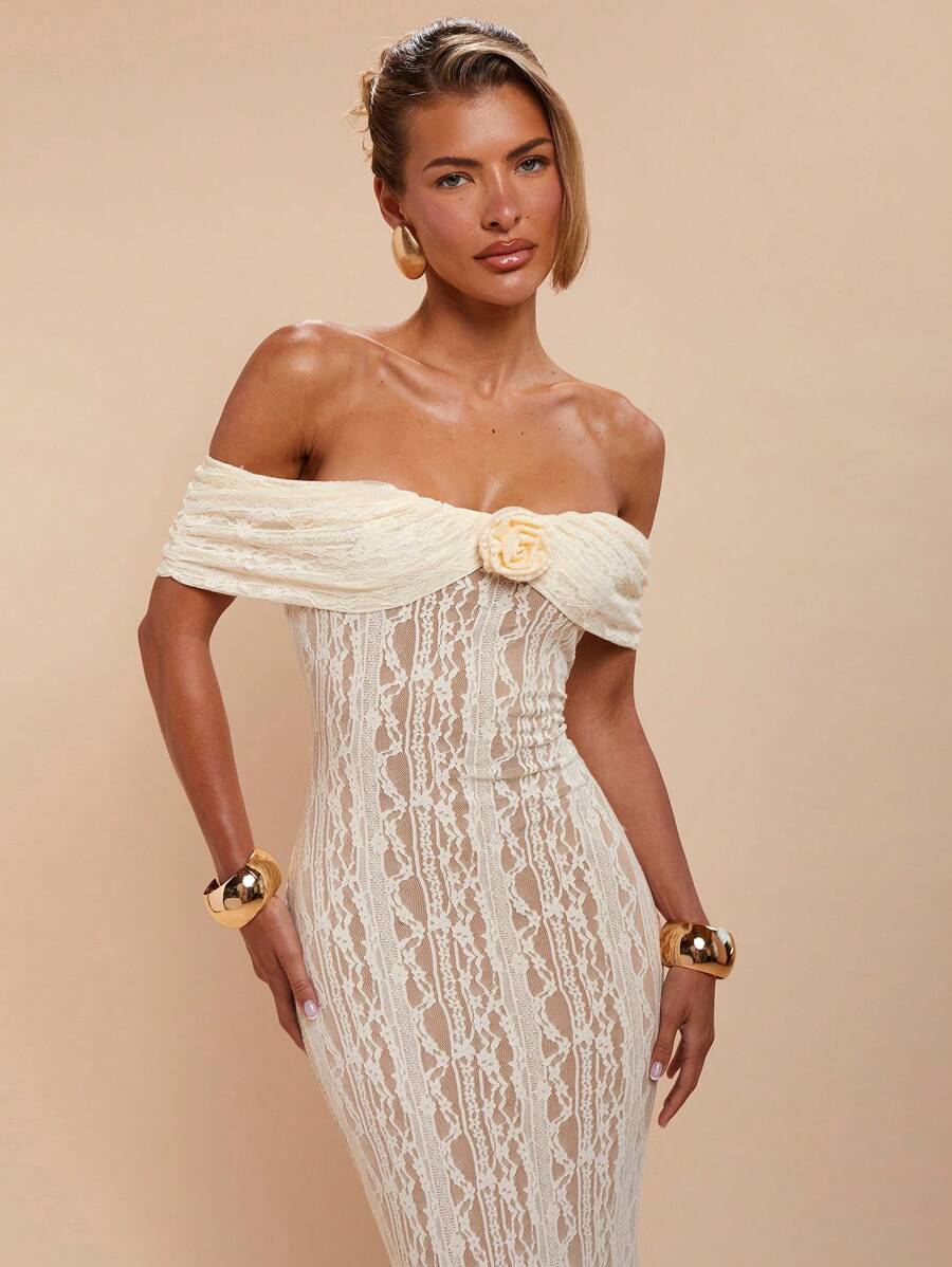 COSMINA Damen elegantes Urlaubskleid, midi-lang, für Frühling/Sommer, Off-Shoulder