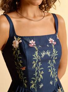 CAJUNI 女式波西米亚风格热带花卉印花细肩带长裙，休闲假日黑色休闲连衣裙