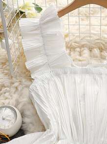 SHEIN Clasi 加大码方领褶腰荷叶边下摆无袖衬衫 - 白色 - 查看 5