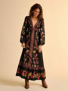 CAJUNI 女式波西米亚复古热带花卉印花泡泡长袖 V 领超长连衣裙，黑色 - 彩色 - 查看 4