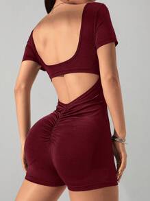 SHEIN PETITE Women's Sexy Solid Color Open Back Romper For Summer - Burgundy - View 4