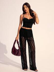 SHEIN Tall Dambyxor med blommig spets och elastisk midja, raka och lösa byxor - Svart - Visa 5