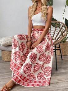 Chiquease Pantalones de pierna ancha con estampado floral y cintura de encaje para mujer, elegantes y casuales, ideales para la playa, vacaciones, festivales de música, escuela, viajes y uso diario