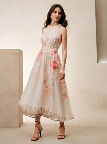 Anewsta Spring/Summer Elegant Floral Print Halter Neck Waisted Women's Maxi Dress - Apricot - View 4