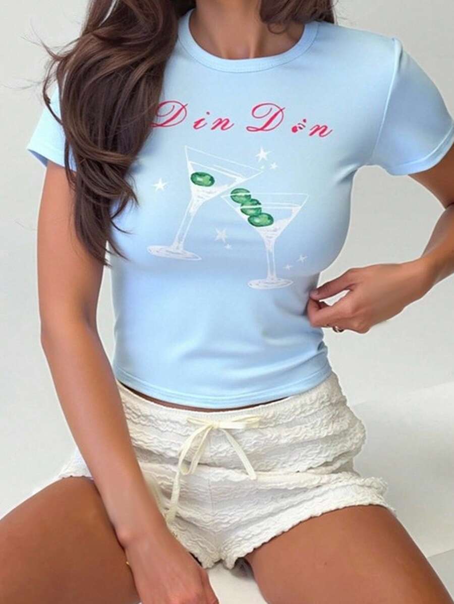 Roylia 女士水果字母印花圆领休闲 T 恤 - 彩色 - 查看 1