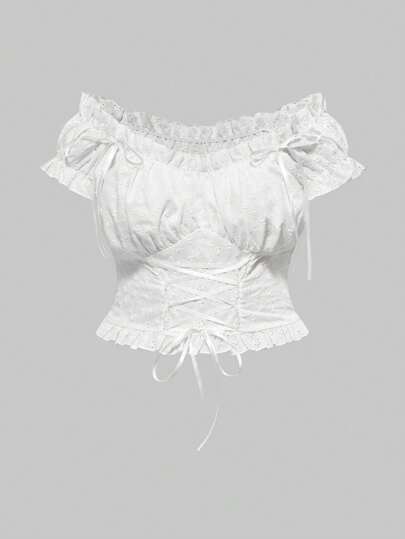 ROMWE Avant Sicily Resort Hollow Embroidered Fabric Cinched Waist Plus Size Blouse, Summer