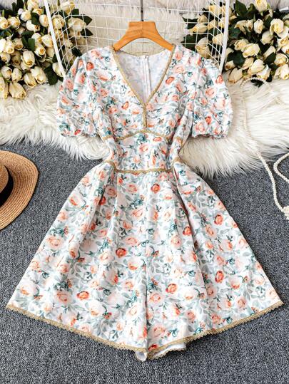 DreamSkyne 大码女式花卉印花雪纺连体裤，休闲夏季