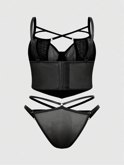 Grunge Punk Plus Size Dark Punk Style Wire Accented PU Mesh Bra & Thong Lingerie Set