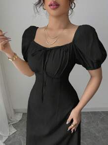 Modelyn 女式优雅高领修身腰长连衣裙 - 黑色 - 查看 6