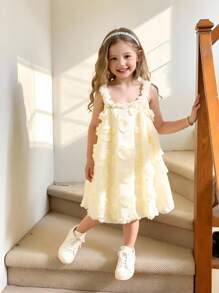 Young Girls Lovely Floral 3D Strap Dresses Ivory Young Girls Cream Ruffle Dress, Cute And Elegant Fairy White Summer Outfit For 7th Birthday - Multicolor - View 6