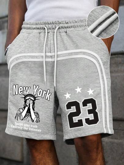 Street Life Herren Lässig Shorts mit Zugband Taille, Muster mit Freiheitsstatue und Nummern, Sommer Sport Streetfashion