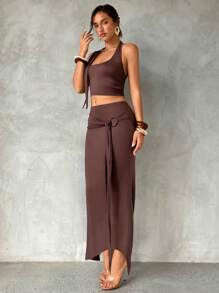 Aloruh Women Two Pieces Outfits For Daily Wear - Brown - View 7