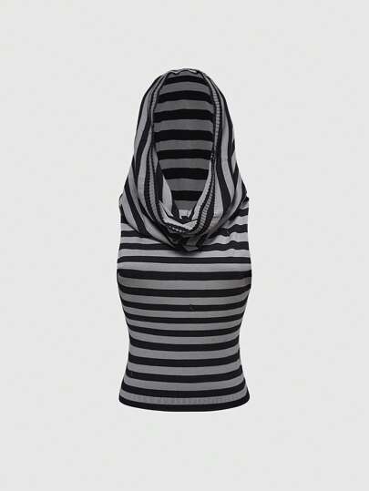 Grunge Punk Y2K Stripe Pattern Knitted Hoodie Top For Women, Versatile